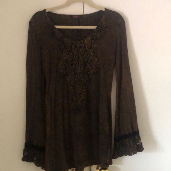 T Party Fashion Tops - Woman’s rare Y2k boho witchy bell Sleeves Elegant Brown Women's Top